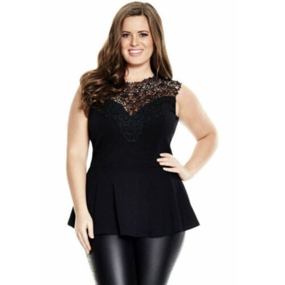City Chic Lace Love Top Peplum Sleeveless Black S 16